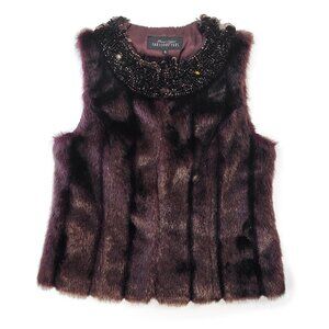 Fabulous Fur Vest Vegan Brown Plum Beaded Embellished Neck S Donna Salyers